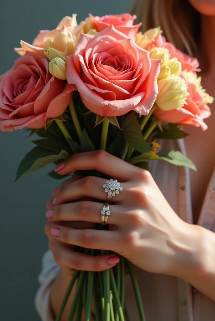 Make a realistic hand holding a bouquet with a ring on the finger/naughty man