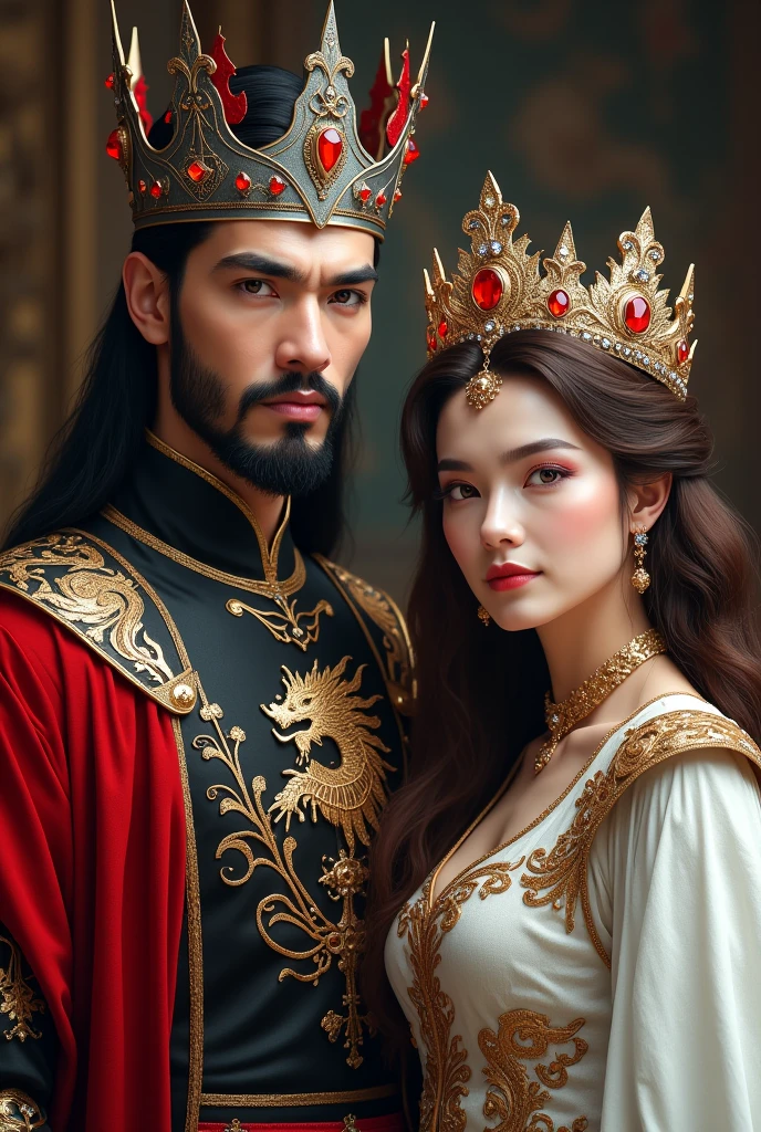 A king and a queen.
The king has black hair with red tips., Her skin is white, wears a silver-colored crown and red stones, His clothing is black with red and he has the symbol of a dragon on his chest., Her hair is short.
The queen has white skin, She wears a white and gold dress, Her hair is long and wavy. brown in color, She wears a golden crown with white stones. Both have North American features