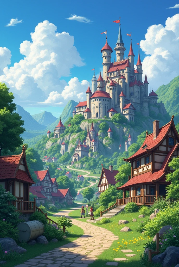 fantasy village with lots of villagers. Royal capital in the background. anime style background.
