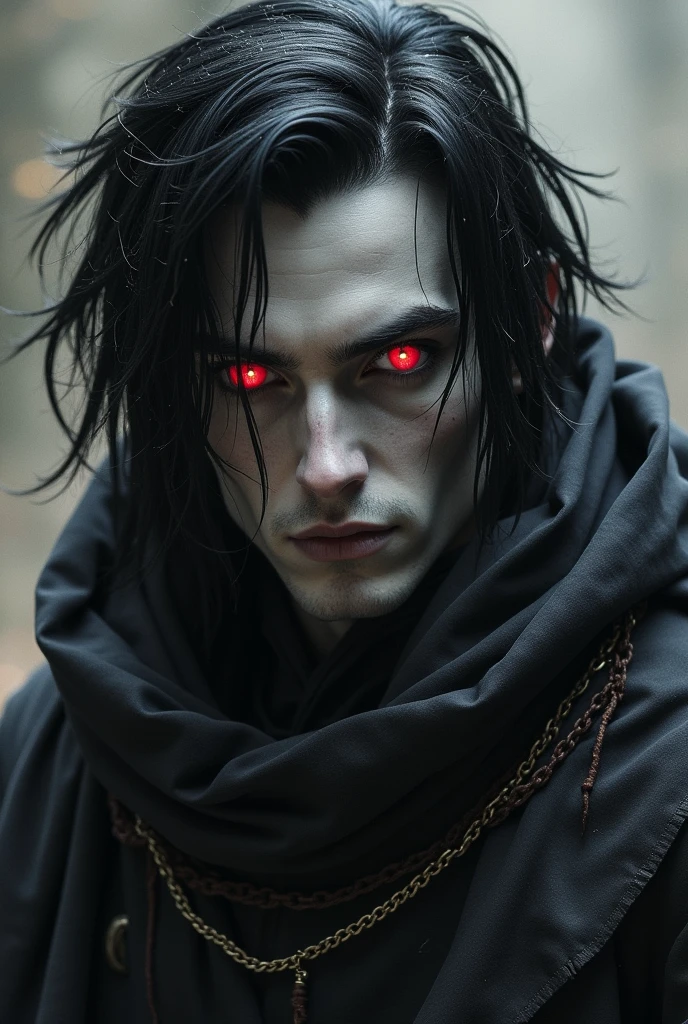 Rogue eladrin MAN with black hair, gray skin and red eyes