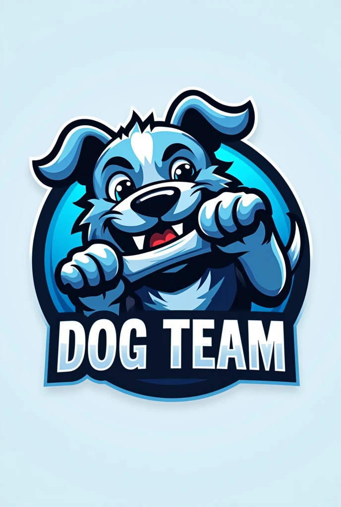 Animated logo with a dog biting a bone and light blue and black color palette and the name DOG TEAM 