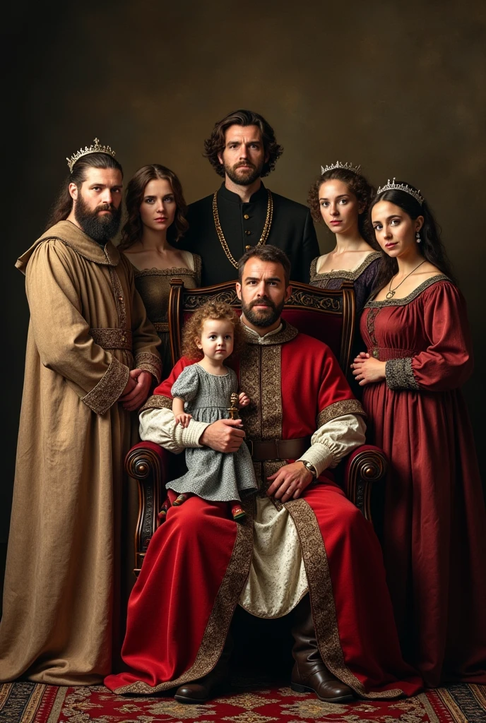 family portrait in medieval style - in the middle sits in a chair a man king holding a sword, and around him his 6 wives