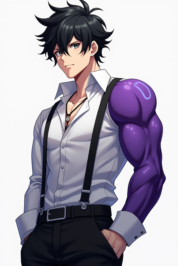 generate an anime character who wears all black, white  shirt, has black hair and gray eyes, and has a purple right arm, naughty man, he only has a purple right arm and the other normal, he is strong weighs 70 kilos and has 1,80 tall
