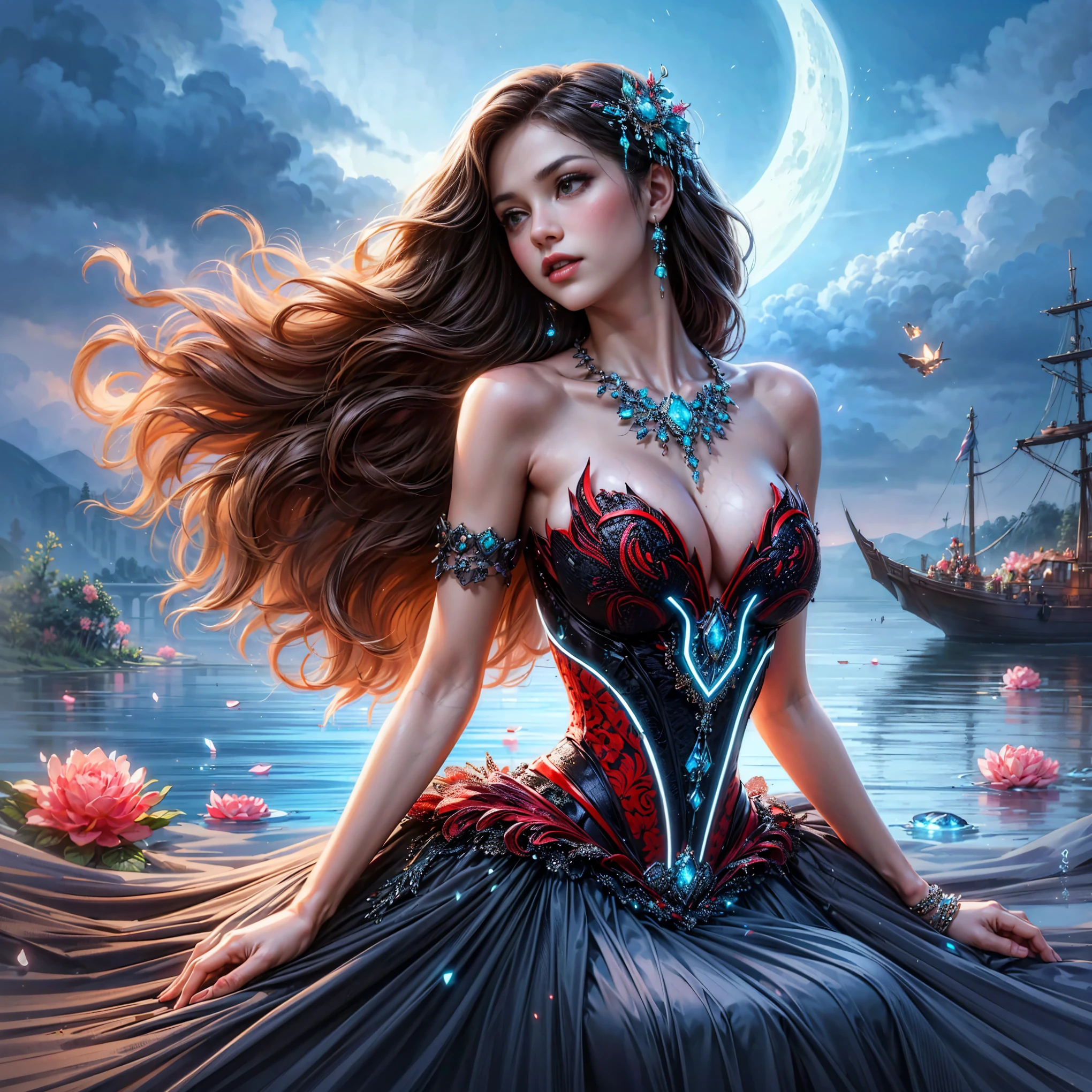 (Extreme HDR) (brightness FX) Photo of an asian woman gigantic 'white skin' with long hair flowing in the wind, wearing a black batik patterned costume, a V-cut strapless corset style batik dress made of carbon patterned satin, a very narrow and stiff V-cut waist decorated with blue jewels, a luxurious long skirt, looks beautiful and stunning, very realistic and detailed, with a royal palace in the background, sitting on a boat, behind it is a blue moon. hyper realistic, hyper detail clothing, Detailed gemstones, masterpiece, best quality:1.2),,(8k,highres,RAW photo,realistic,photo-realistic:1.3),(detailed skin texture,detailed cloth texture, beautiful detailed face:1.25),professional lighting,photon mapping,beautiful soft light,radiosity,physically-based rendering,raytracing, model shoot style, model shoot style, (extremely detailed CG unity 8k wallpaper), full shot body photo of the most beautiful artwork in the world (NSFW), (Nude),ked), (c fiber corset) (green veiny breast) (steamprset) (glowing dress) (blue moon) (cloud)