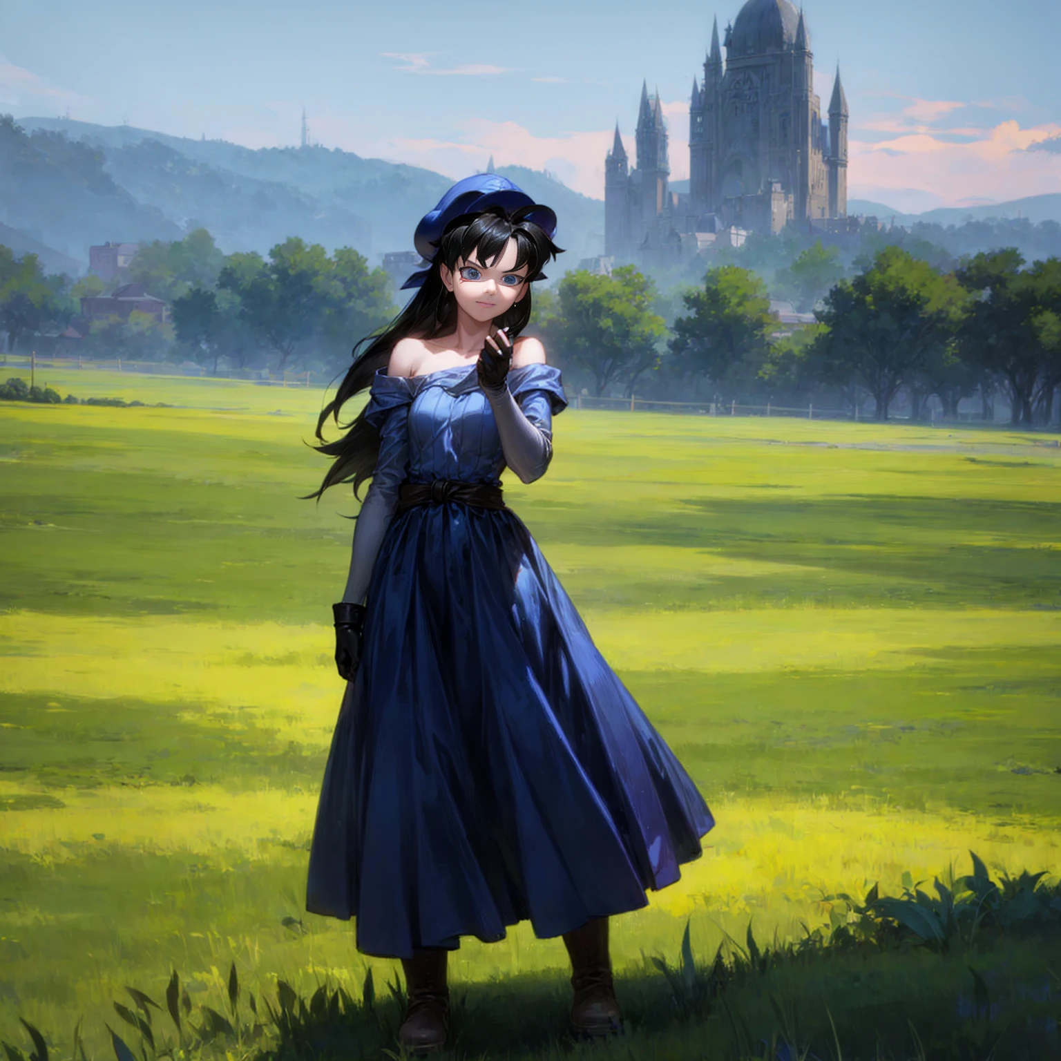 Solo character, young girl, full body version, blue eyes, black colour hair, long hair, blue long dress, bare shoulder, gloves, hat, long skirt, boots, outdoor, field, town, medieval , standing gesture, detailed hair, detailed background, sad eyes, smile mouth, (one piece style art), (dragon ball style art)