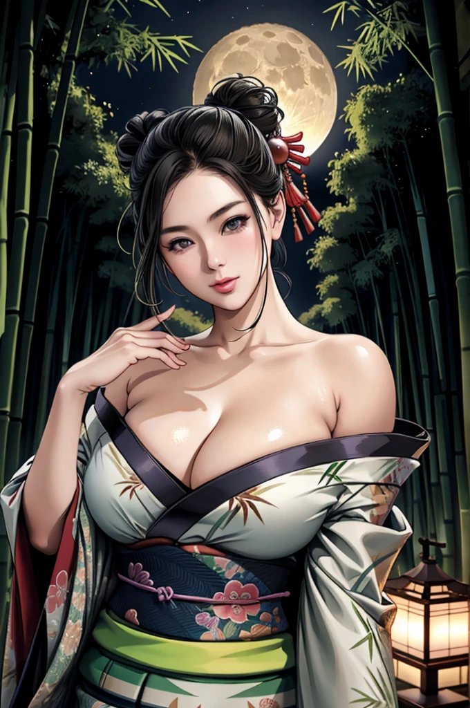 (Browsing Caution), (RAW Photos), (Realistic), (Photorealistic), Ultra-high resolution, masterpiece, Highest quality, Portraiture, facial Portraiture, Perfect lighting, Detailed lighting, Dramatic Shadows, Ray Tracing, Pure Eros Face_v1, Urzan-6500-v1.1, ((gentle smile)), ((upper body:1.2)), ((random sexy pose)), looking at viewer, ((wearing a kimono)), ((off shoulders kimono:1.2)), ((in Bamboo forest:1.2)), ((night:1.2)), ((moon)), ((Japanese tattoo)),