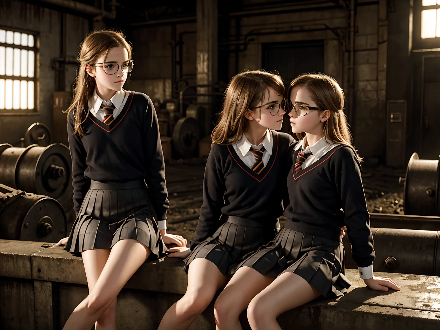 12 years old  emma watson as two sexy schoolgirl girls sitting on a fence. pleated skirt. slender body.  open legs. inside dark metal factory. dark background, furnace. goggles. kissing.
