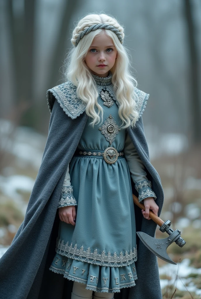 A beautiful photo of tween wearing a Norse style charcoal grey woolen gown with elegant pale azure blue princess style apron, runes of family, love, healing and protection are embroidered along it, with knee high stockings, white doeskin boots, and a beautiful cloak with silver white collar, has golden white hair. The hairstyle is elegant loose waves with a Dutch braided crown with a silver diamond circlet with a triforce gem, holding a magical axe, white leather magic bag, warrior princess, shadow cat is a pale grey-white, the color of thick mountain morning mist, beautiful curvy girl, 12k, ancient Norse, octane render, perfect eyes, wide hips, large saggy chest 