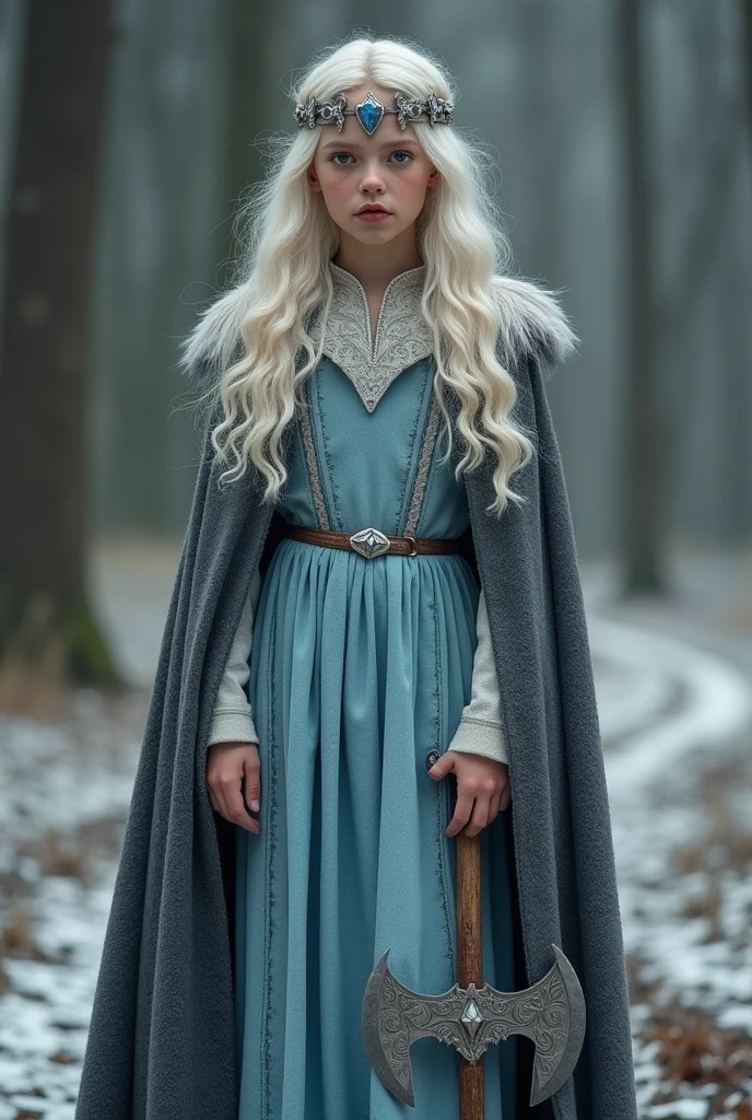 A beautiful photo of tween wearing a Norse style charcoal grey woolen gown with elegant pale azure blue princess style apron, runes of family, love, healing and protection are embroidered along it, with knee high stockings, white doeskin boots, and a beautiful cloak with silver white collar, has golden white hair. The hairstyle is elegant loose waves with a Dutch braided crown with a silver diamond circlet with a triforce gem, holding a magical axe, white leather magic bag, warrior princess, shadow cat is a pale grey-white, the color of thick mountain morning mist, beautiful curvy girl, 12k, ancient Norse, octane render, perfect eyes, wide hips, large saggy chest 