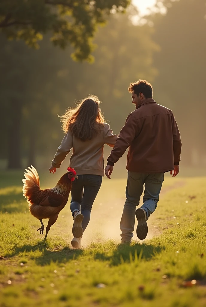 couple chasing a chicken