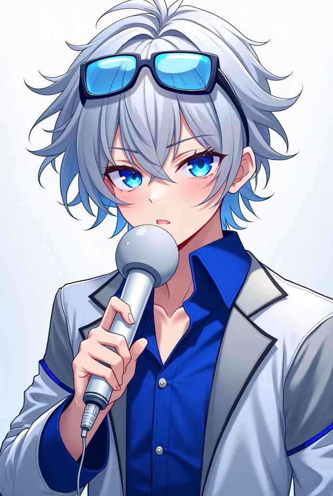 Anime idol boy with messy silver hair falling over one eye.
skin fair.
royal blue eyes.
white silver jacket with silver.
royal blue shirt.
Royal blue transparent style glasses on head.
white idol microphone.
vocaloid sekai cool stylish cold personality