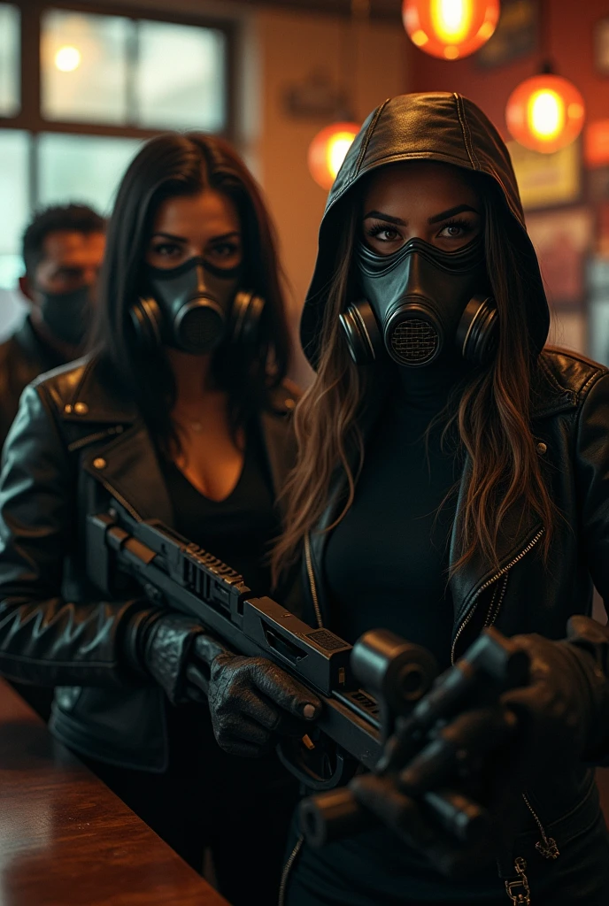 2 famme qui font un braquage dans un restaurant avec des masques à gaz et des gens Lons en cuir avec des arme pour ouvrir un coffre 