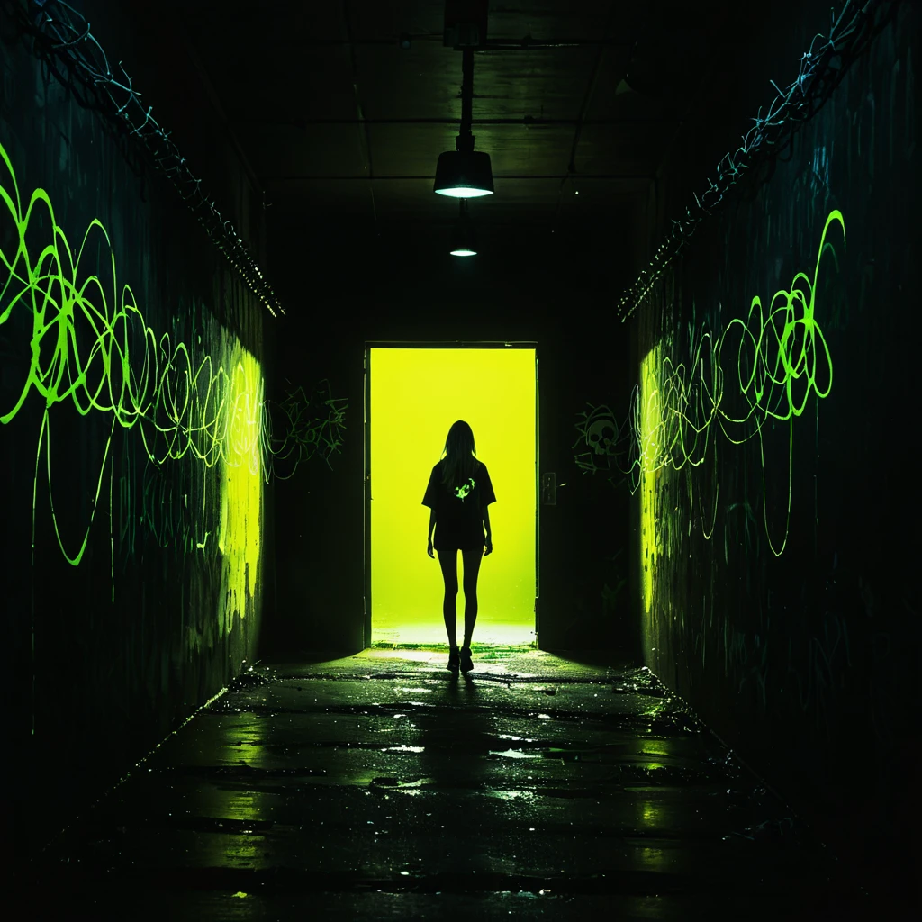 indoor,Fluorescent lighting,(((Shrouded in darkness))),Wall Background,Black background,silhouette,Shadow,Extreme darkness,Minimalist graffiti style background,Fluorescent yellow tricks Skull graffiti,Dark atmosphere,Cowboy Shot,One girl,Oversized black t-shirt,Mid-chest,Waistless T-shirt,(Underbust),Blurred Background,Blurred foreground,Fluorescent yellow hair,Fluorescent yellow eyes,Raise your hand and touch your hair,Long Hair,Low-rise denim shorts,pink eye Shadow,Ruined eyeShadow,(Vanishing Point,Depth of written boundary,Background Blur),(Vine-covered foreground:10),dark and edgy、Elements of surrealism、Expressive brushwork、Dynamic configuration。\Very detailed explanation,Lock,Barbed wire,Wooden piles,(Bloody Moonlight:20),