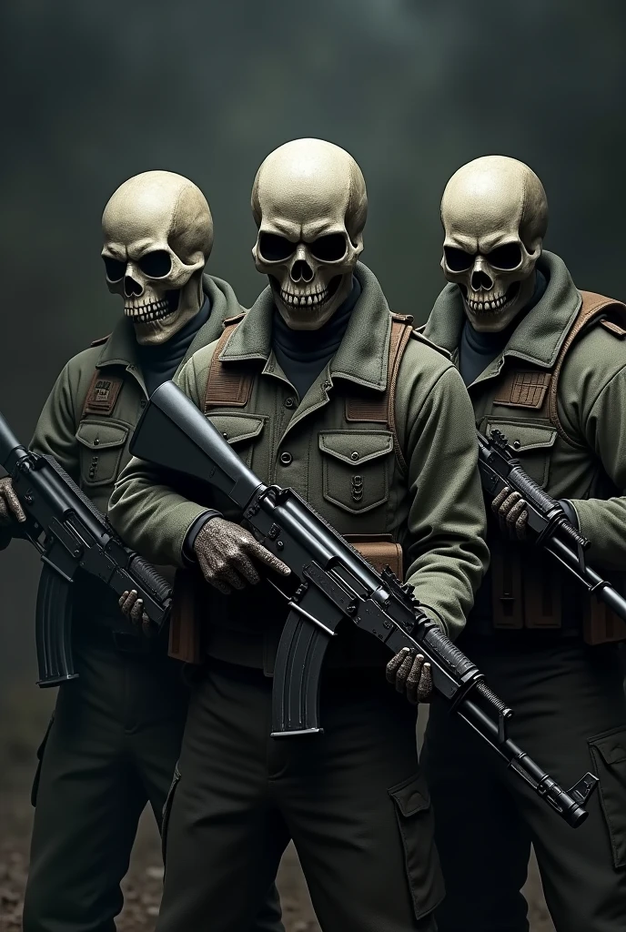 3 american style military man with skull face holding ak-47 with black background
