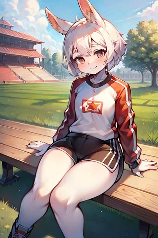 white rabbit years,rabbit girl,short hair,girl,Small breasts,white hair,masterpiece,best quality,super detailed,super fine illustration,8k,(fullface brasched:1.3),masterpiece,best quality,detailed background,BREAK sports wear,BREAK little smile,BREAK sports ground,detailed background,beautiful background,BREAK she is sitting on bench.