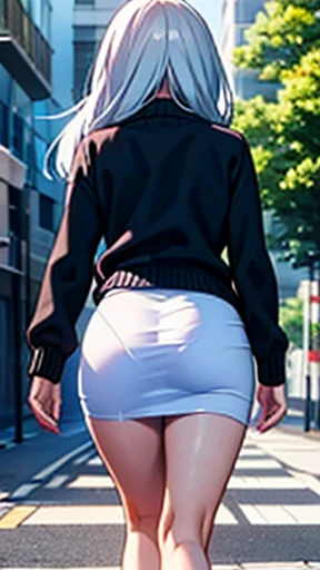 a woman in a see-through white mini tight skirt on the sidewalk walking down the street, black cardigan, in the middle of the day, 1girl, walking, sheer white mini tight skirt, black high heels, from behind, silver hair, long hair, outdoors, see-through white skirt, ass, solo, street,(from-behind)-(highlightBuTT:1)-(looking at viewer)