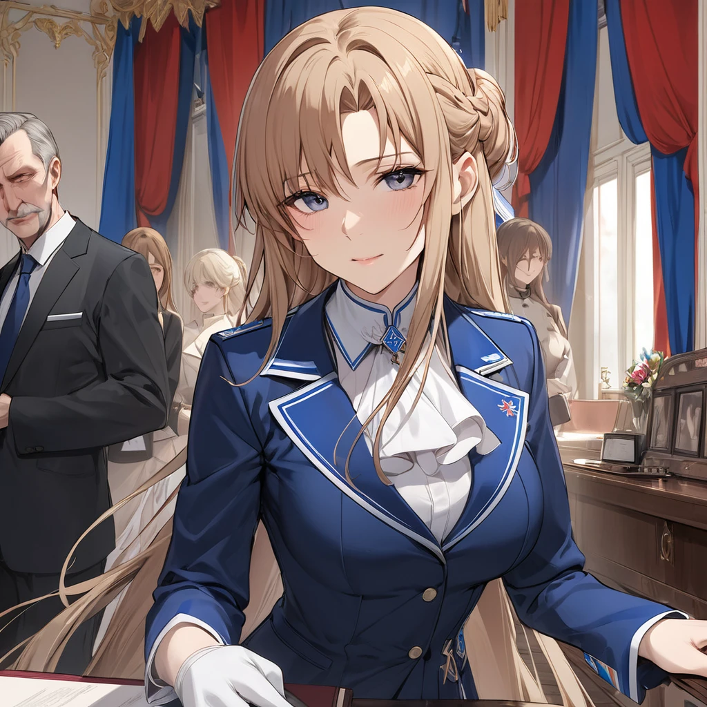 ((Highest quality)), ((masterpiece)), (detailed), （Perfect Face）、The woman is Yuuki Asuna, a Russian with light brown, semi-long hair.、The woman is a member of the United Russia party and is beautifully dressed in a suit and lavish accessories.、She is a United Russia member who is dedicated to the cause of a great United Russia, and she deeply respects and worships the leader of the Great Russian Party, a United Russia supremacist.、As the secretary and mistress of a great United Russia official, the woman wholeheartedly devotes herself to serving, embracing, supporting, and following the great and beloved official, devoting herself to both body and soul.