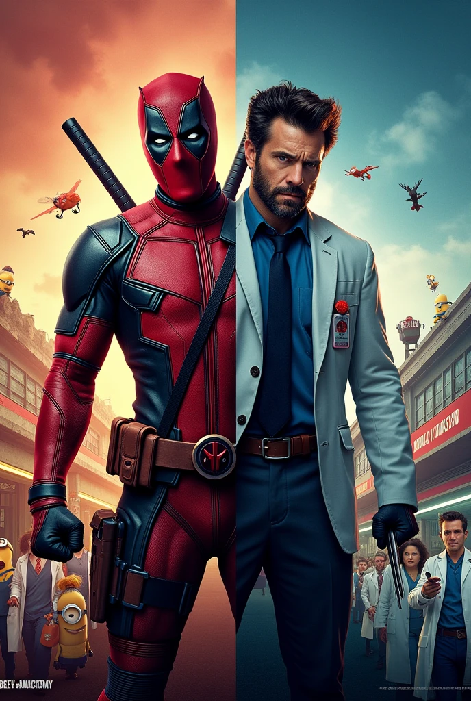 Deadpool Wolverine movie cover, Despicable Me 4, grey's anatomy, round 6 together side by side 