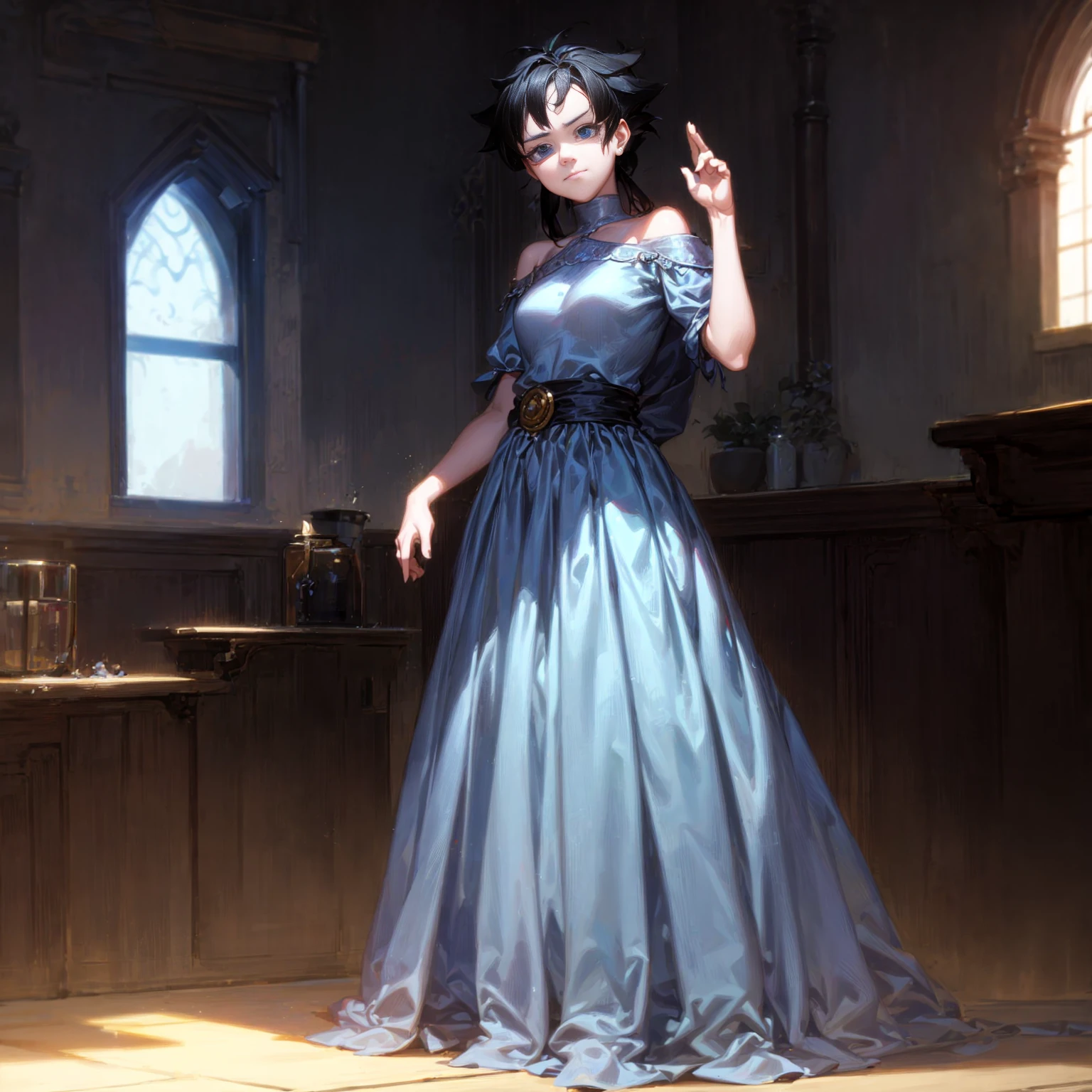 Solo character, young girl, full body version, blue eyes, black colour hair, shoulder length hair, blue long dress, long skirt, short shock, indoor, house, village, medieval , standing gesture, detailed hair, detailed background, sad eyes, smile mouth, (one piece style art), (dragon ball style art)