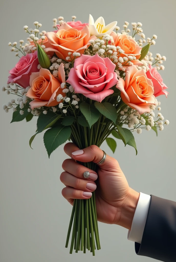 Make a realistic man's hand holding a bouquet with a ring on his finger/