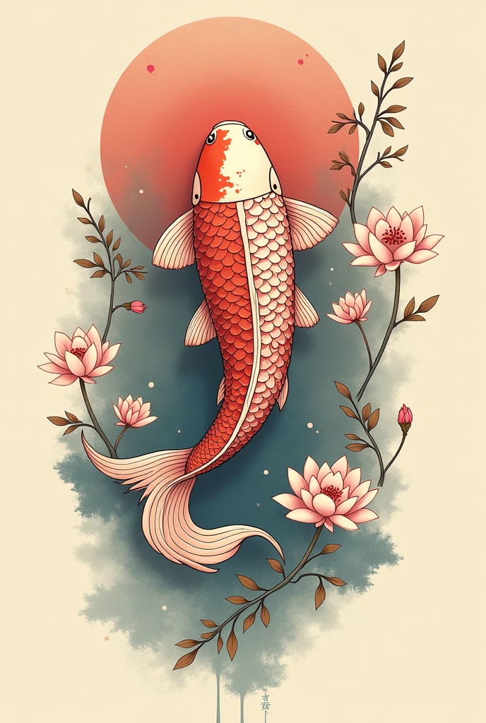 I want a tattoo design, with a koi fish looking up to the left, whose tail is not as thick as the classic ones and is with a classic Japanese background.
From what you generated, I want a more traditional head, that the background includes water and flowers and not a tree. All in classic style