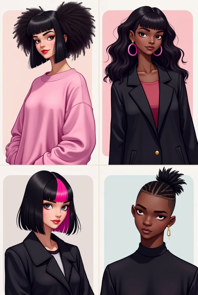 "E-girl in a light pink sweater with black Power hair, with outlined" "and E-girl with black coat and curly black Power hair" "and another e-girl with a black coat, straight hair with pink bangs, a little towards the shade of red, with the rest of her hair black" "a dark-skinned man with short hair shaved on the side, with a thick cord, with a black blouse"