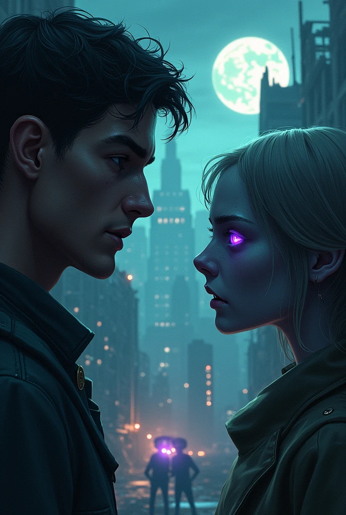 Create a book cover set in a post-apocalyptic world dominated by alien beings that look a lot like humans but have striking purple eyes. The aliens use contact lenses to disguise themselves among the human population. The cover was supposed to depict a frightening cityscape with ruined buildings and a dark, ominous sky where a human man looks head-on at one of the female alien. In the foreground, show a close-up of a figure whose purple eyes are faintly visible under the lens, suggesting his true identity. The atmosphere should be tense and mysterious, evoking the feeling of a hidden and ongoing threat