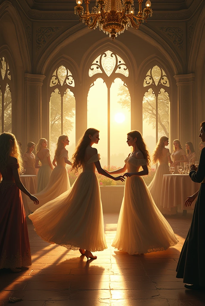 Ancient ballroom with Rivendell touches in which several elves in Bridgerton clothes dance a waltz and a few elves have snacks at a side table. In the background you can see a window overlooking the forest at sunset..