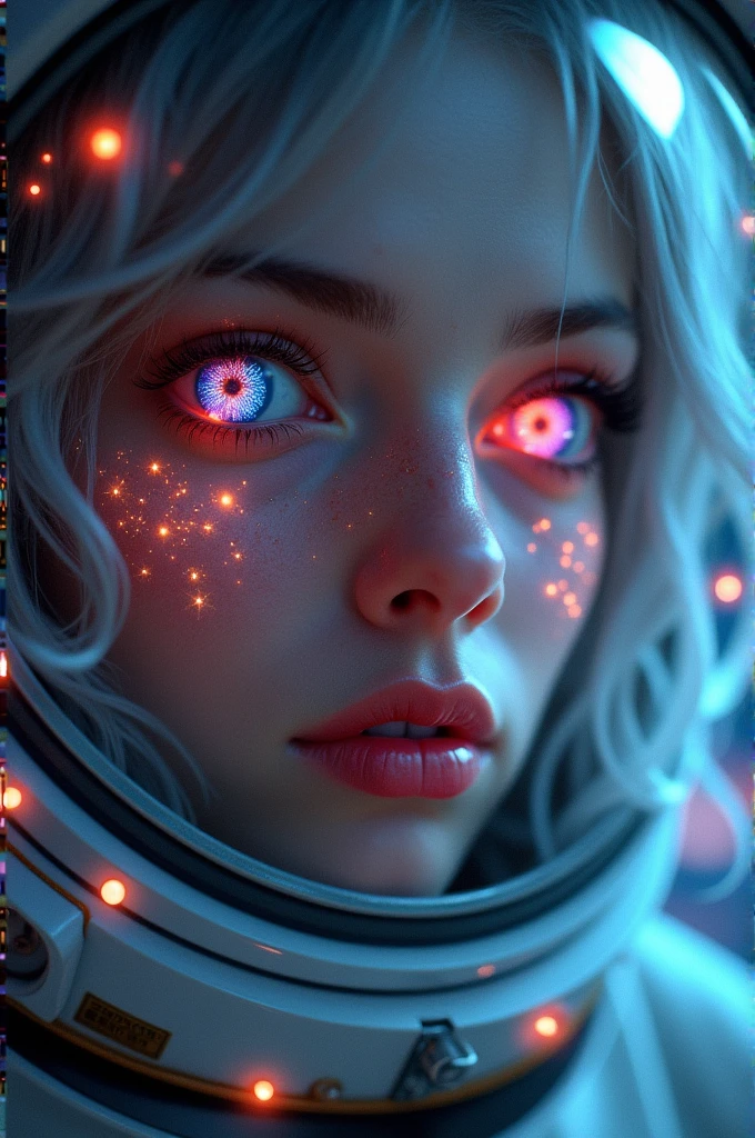 (Close-up of a better masterpiece:1.5)0.9], (Space and astronauts:1.2) (Messy silver hair:1.1) (Heterochromia xanthochromia and blue eyes:1.2) (Space Helmet:1.0) (Colored stars in the eyes:1.0) (A radiant glow:1.1) (thick lips:0.9)