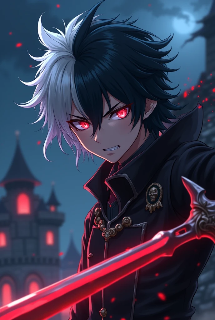 Main Male anime character, half white hair and half black hair, red eyes, magic sword, angry expression, destruyed castle, night, revenge of anime girl