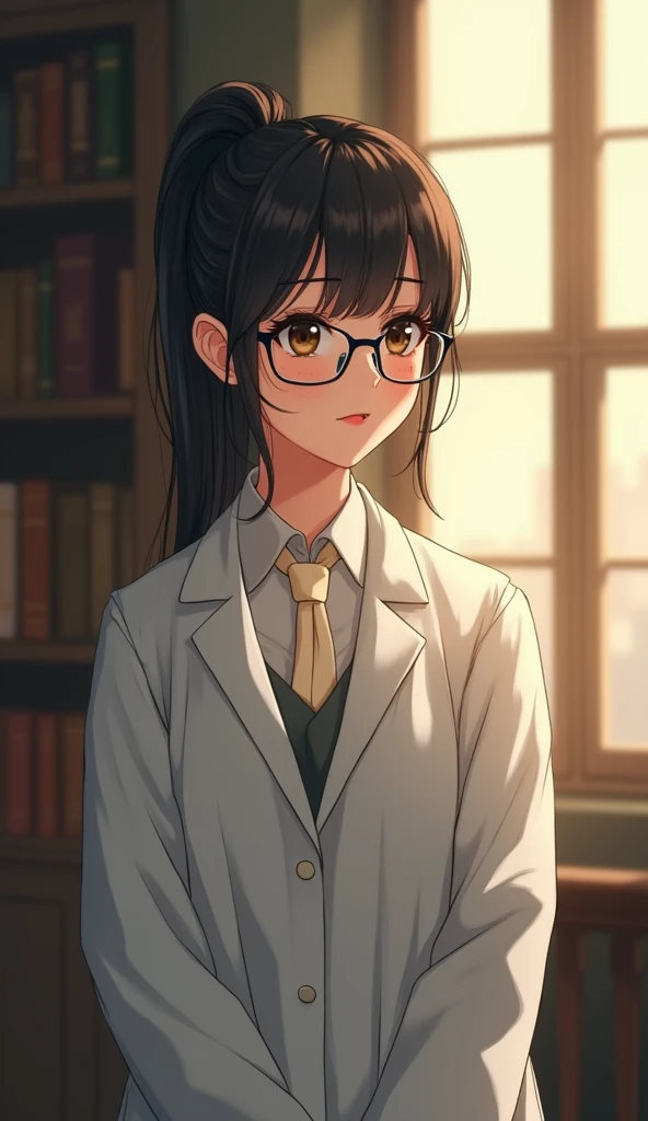 (Highest quality, masterpiece, High resolution)、4K Anime Art、Soft Light、((本を手に窓際にStanding woman、whole body、20-year-old))、((Standing woman))、(Detailed depiction of a beautiful face)、Black Hair、Put your hair up、(Glasses、therapist、doctor、Wear a white coat )、(Old Library)、 (Sunlight streaming through the window)、Serene atmosphere、Vintage、Classic、(Pre-Raphaelite style)、(Edmund Leighton Style)、(Sergeant Style)、