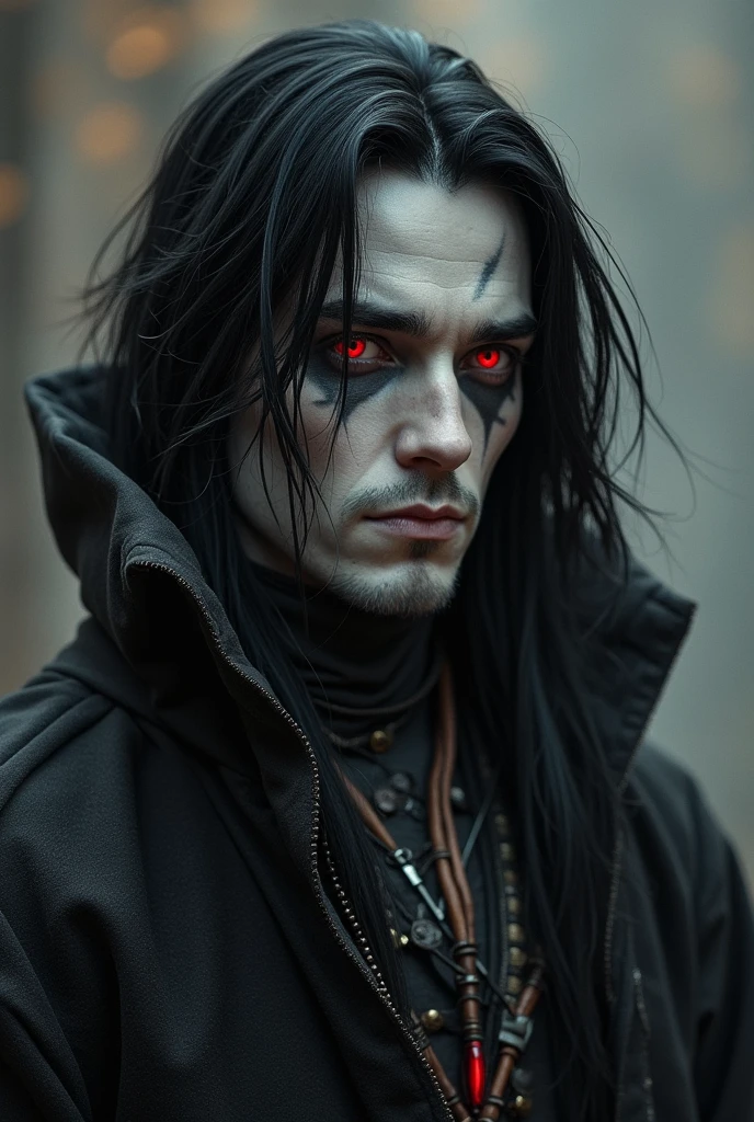 Rogue eladrin MAN with black hair, gray skin and red eyes