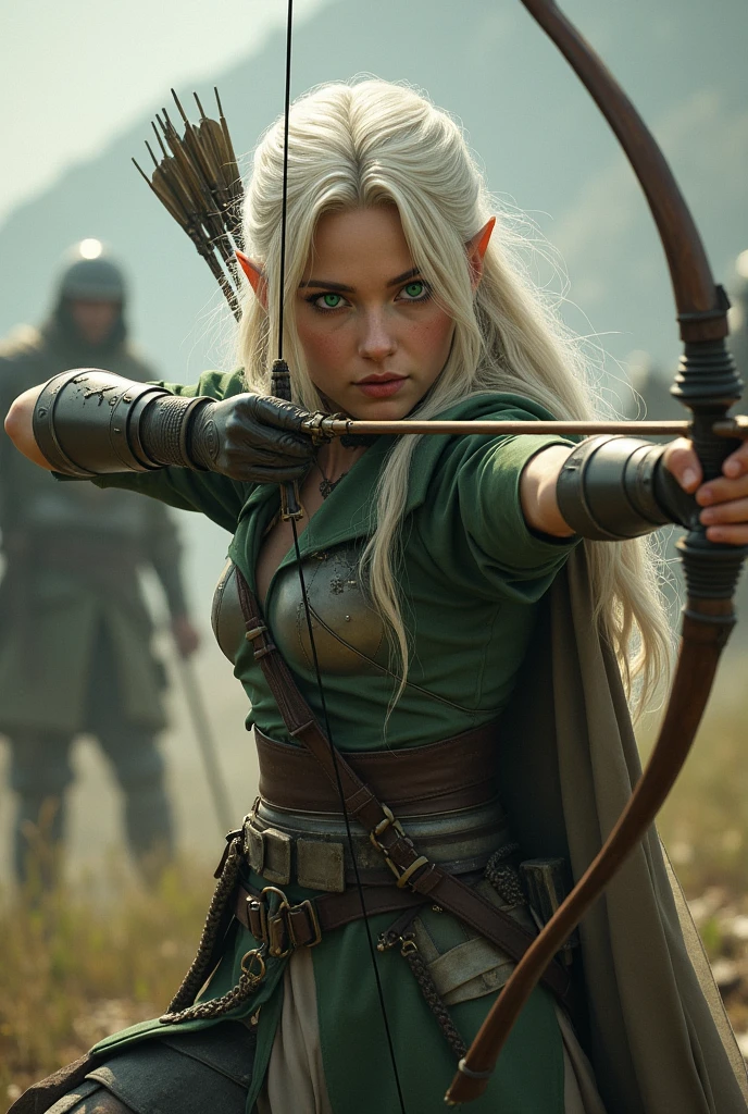 An elf archer approximately twenty-eight years old. Your hair is medium, almost white blondes, Emerald green eyes, pele alva, wearing simple armor. The ears are slightly pointed. She is in an attack pose in a war scenario.