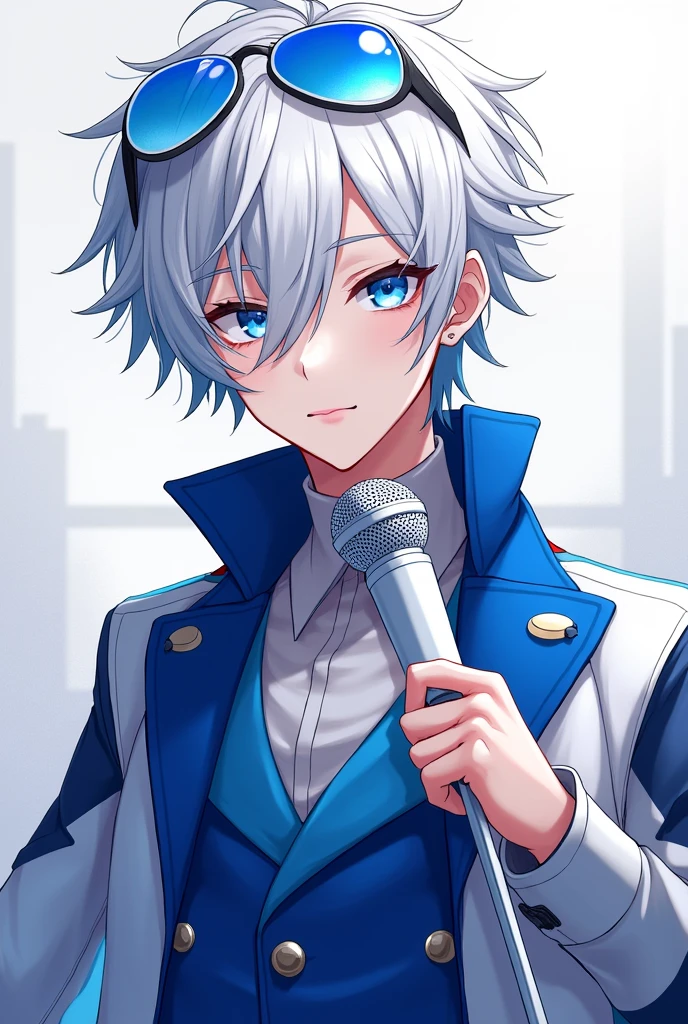 Anime idol boy with messy silver hair falling over one eye.
skin fair.
royal blue eyes.
white silver jacket with silver.
Royal blue high goal shirt.
Royal blue transparent style glasses on head.
white idol microphone.
vocaloid sekai cool stylish cold personality