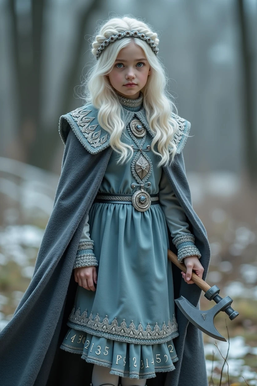 A beautiful photo of tween wearing a Norse style charcoal grey woolen gown with elegant pale azure blue princess style apron, runes of family, love, healing and protection are embroidered along it, with knee high stockings, white doeskin boots, and a beautiful cloak with silver white collar, has golden white hair. The hairstyle is elegant loose waves with a Dutch braided crown with a silver diamond circlet with a triforce gem, holding a magical axe, white leather magic bag, warrior princess, shadow cat is a pale grey-white, the color of thick mountain morning mist, beautiful curvy girl, 12k, ancient Norse, octane render, perfect eyes, wide hips, large saggy chest