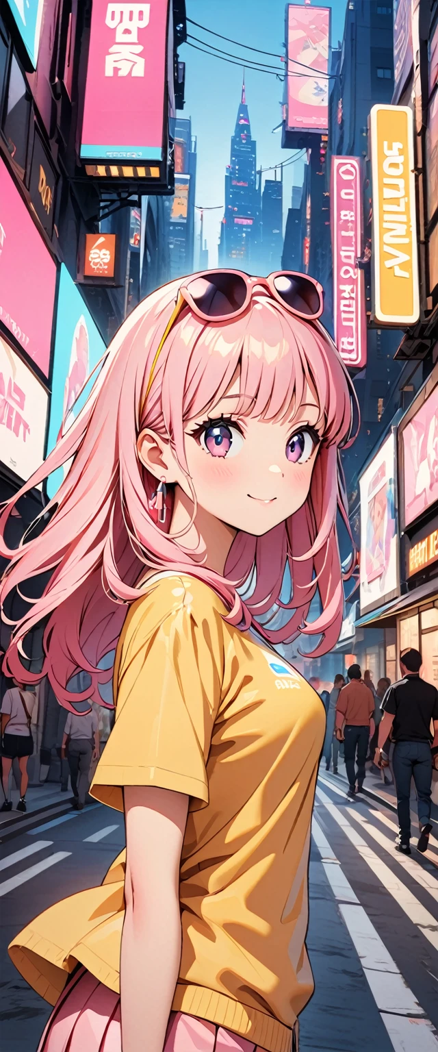 (Highest quality:1.2、City Pop Style、Very detailed、up to date、vivid、High contrast、masterpiece:1.2、Highest quality、Best aesthetics)、girl、Colorful Hair、(Hair Ribbon:0.4), Pink Eyes,(((White bun hair))),(((Pink long hair)))、(((Small breasts)))、Pastel colors、1980s Style、((Future metropolis、Retro、vintage))、Logo Jumper、(Sunglasses on head)。