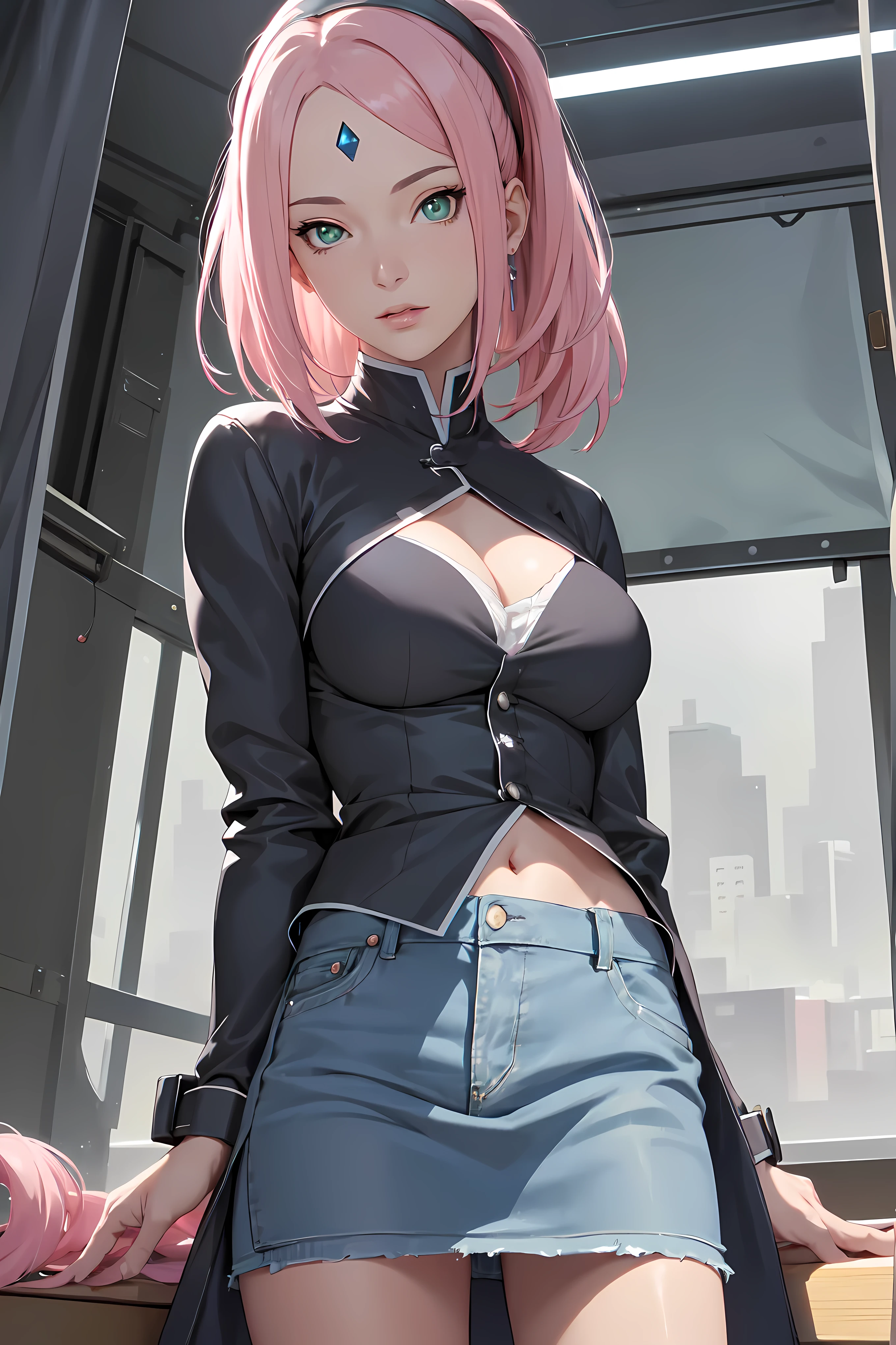 (best quality)), ((​masterpiece)), (detailled), perfect face((best quality)), ((​masterpiece)), (detailled), perfect face(best quality)), ((​masterpiece)), (detailled), perfect face(best quality)), ((​masterpiece)), (detailled), perfect face,stunning realistic, photorealistic, Photorealism, 1 girl sakura Haruno,pink hair, long hair, ponytail, green eyes,dark blue diamond on the forehead,standing in a tent,arms behind back,sexy body,middle large breasts,open jacket, denim skirt