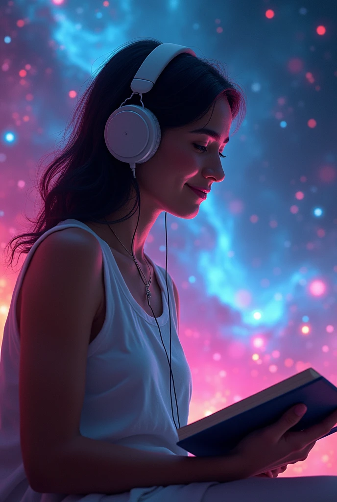 Silhouette of smiling indigenous woman listening to music on headphones and reading, in the background the universe with neon colors, wearing a white sleeveless shirt