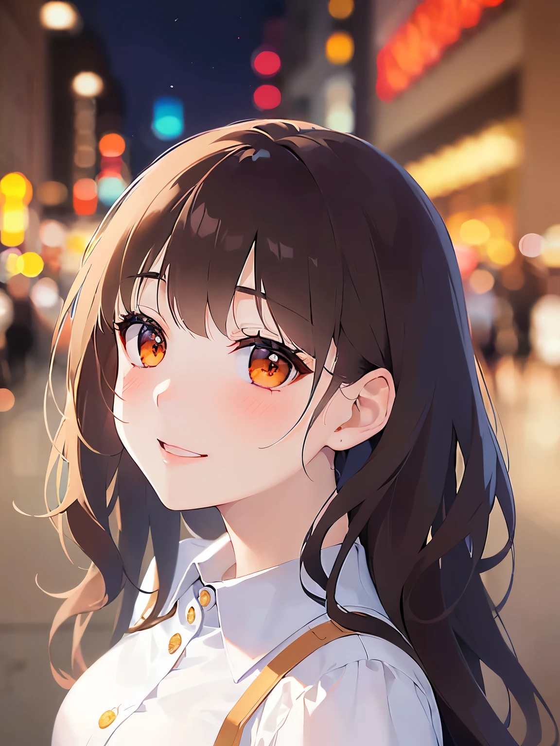 head tilt, Close-up of your face, looking up, (pale skin: 1.2), shiny skin, shiny hair、(A 25-year-old woman with medium-length hair and bangs) and (wavy hair) and (brown hair) and (orange eyes) , (white collared shirt) , smile, (blush:1.3), The background is a shopping street at night、Alone、Are standing