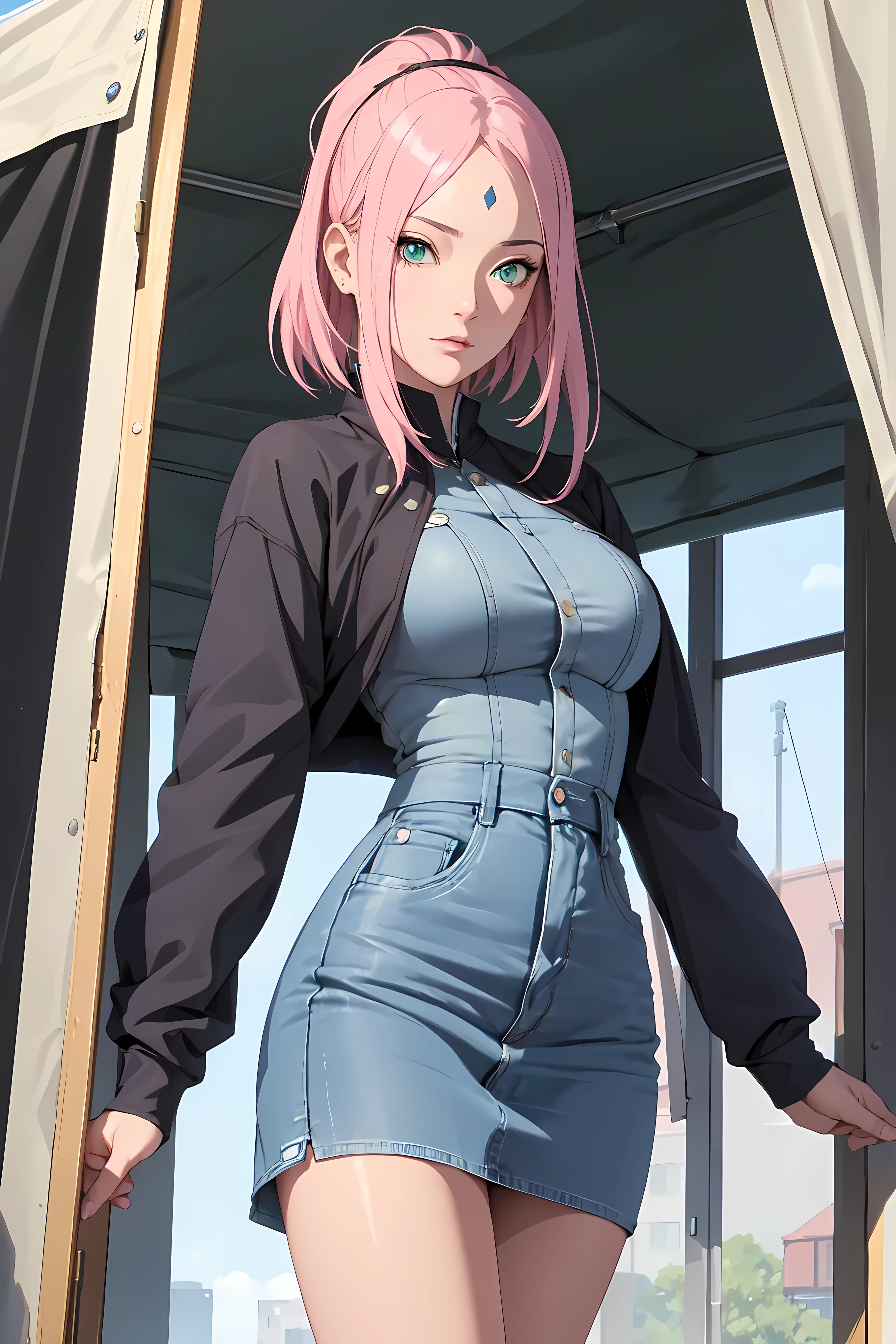 (best quality)), ((​masterpiece)), (detailled), perfect face((best quality)), ((​masterpiece)), (detailled), perfect face(best quality)), ((​masterpiece)), (detailled), perfect face(best quality)), ((​masterpiece)), (detailled), perfect face,stunning realistic, photorealistic, Photorealism, 1 girl sakura Haruno,pink hair, long hair, ponytail, green eyes,dark blue diamond on the forehead,standing in a tent,arms behind back,sexy body,middle large breasts,open jacket, denim skirt