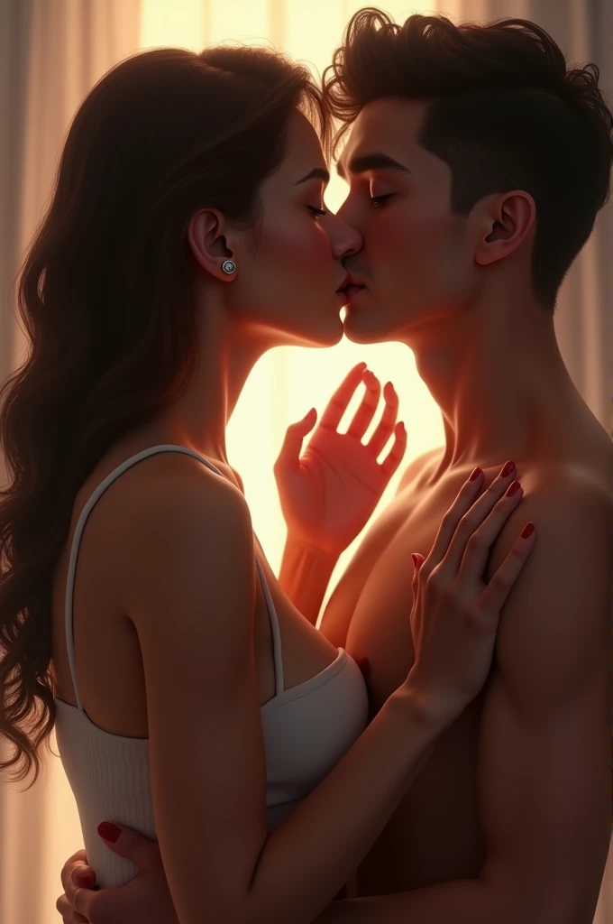 She wiped his dick and her hand. they kissed nicely. he was pressing her boobs over the top,