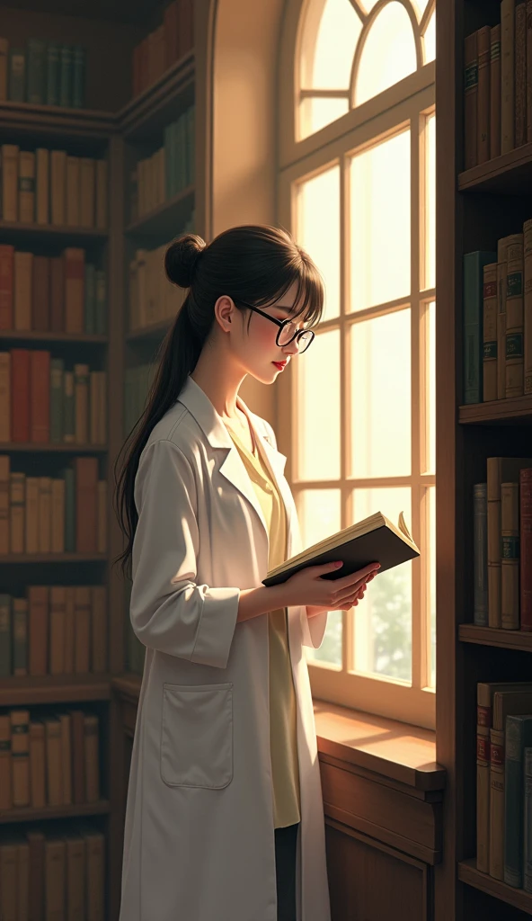 (Highest quality, masterpiece, High resolution)、4K Anime Art、Soft Light、((本を手に窓際にStanding woman、whole body、20-year-old))、((Standing woman))、(Detailed depiction of a beautiful face)、Black Hair、Put your hair up、(Glasses、therapist、doctor、Wear a white coat )、(Old Library)、 (Sunlight streaming through the window)、Serene atmosphere、Vintage、Classic、(Pre-Raphaelite style)、(Edmund Leighton Style)、(Sergeant Style)、