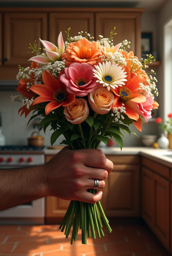 Make a realistic man&#39;s hand holding a bouquet with a ring on his finger and the background being a kitchen