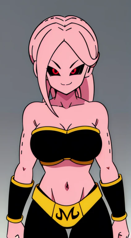 (high-quality, breathtaking),(expressive eyes, perfect face, cute face) Symmetrical Eyes, dragon ball z super, voluptuous, busty, large breasts, shortstack, 1girl, female, alien, Majin Race, FMajin, Female Majin Buu, (pink skin:1.1), bubblegum pink skin color, red colored skin, smiling,(black sclera:1.2), red eyes, tentacle hair, baggypants, belt, crop top, green gauntlets, alien, M, shoulder holes, standing, no nose, grey background, long length hair tentacles, wavy hair tentacles, hair between eyes,