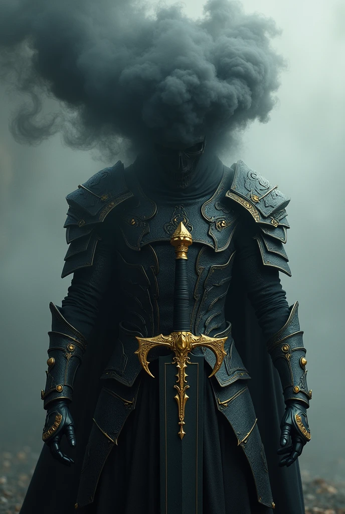 A man with black smoke and a glow instead of a head in fancy black armor with no arms, black gauntlets with gold details, a golden longsword with a black blade and details 