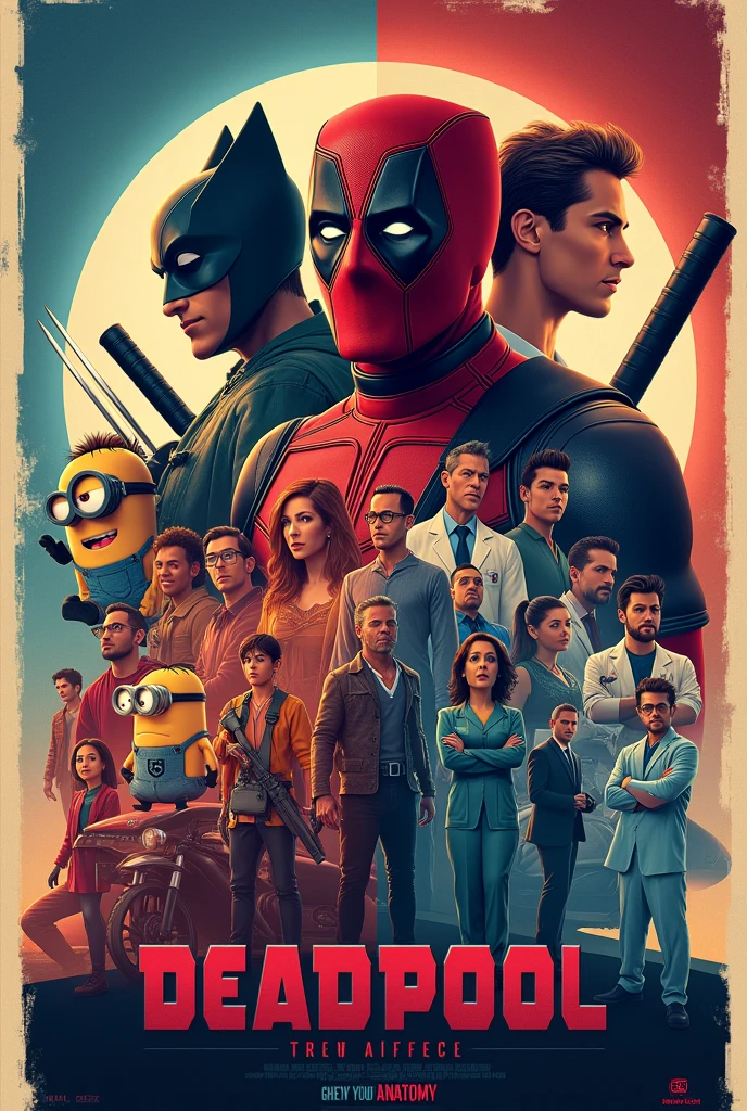 Deadpool Wolverine movie cover, Despicable Me 4, grey's anatomy, round 6 together side by side