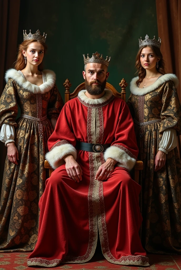 family portrait in medieval style - in the middle sits in a chair a king, and around him 2 woman