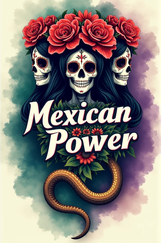 Create logo with the words "Mexican Power" and with black colors, green and purple in watercolor form with three catrinas and a snake.