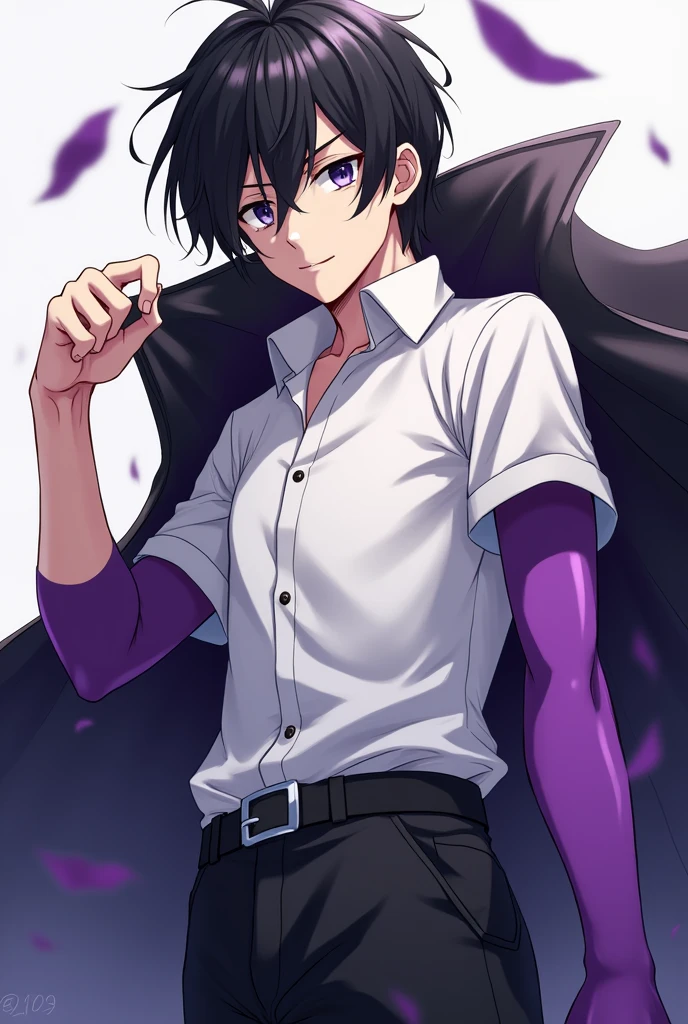 generate an anime character who wears all black, white  shirt, has black hair and gray eyes, and has a purple right arm, naughty man, he only has a purple right arm and the other normal, he is strong weighs 70 kilos and has 1,80 tall, his arm is purple and it&#39;s not a garment, it&#39;s the skin and it&#39;s just an arm 
