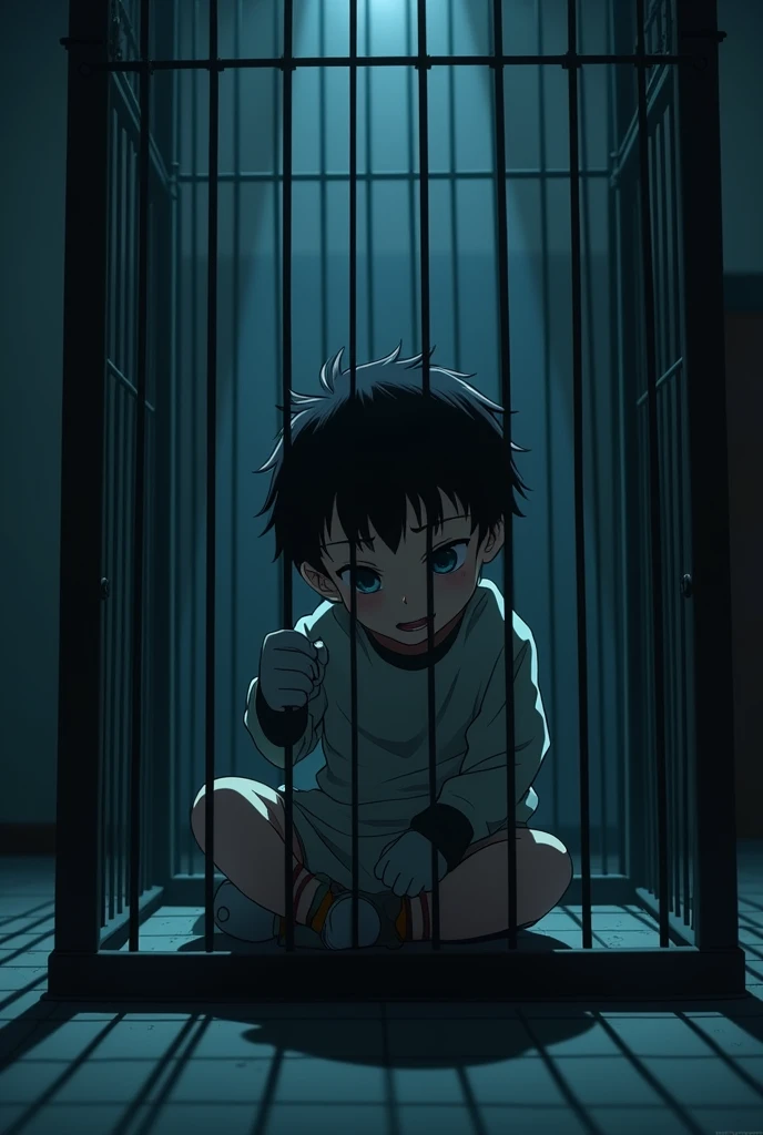 Cinematic Anime style. Manga art. TME0224 face, (((a baby boy, 4 year old))) in a funny night (((wearing a baggy onesie without a zipper with hands in mitts))), (((inside a closed cage))). cinematic lighting, drop shadow, masterpiece, UHD, anatomically correct, textured skin, super detail, high details, high quality, best quality, 4K, full body